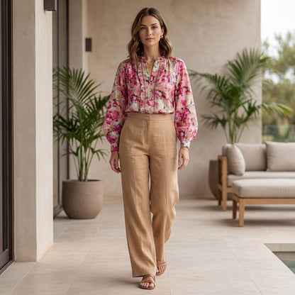 Flowing Floral Ruffle-Trimmed Long-Sleeve Blouse with Bishop Sleeves