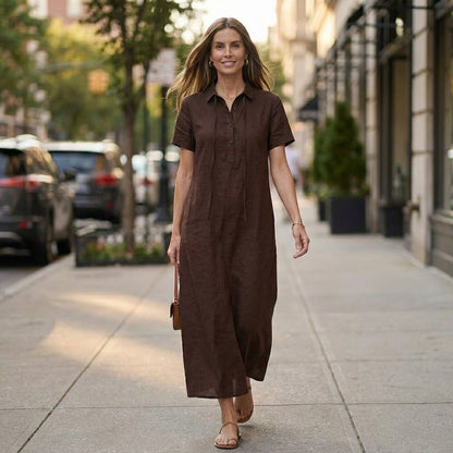 Vintage Tie Neck Midi Dress with Relaxed Short Sleeve Silhouette