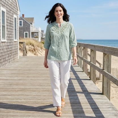 Embroidered Notch Neck Relaxed Everyday Blouse