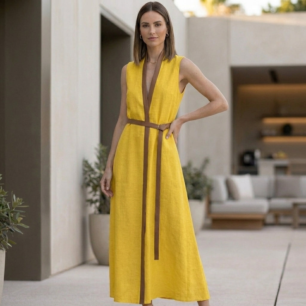 Elegant Sleeveless V-Neck Maxi Dress with Contrast Trim and Tie-Belt