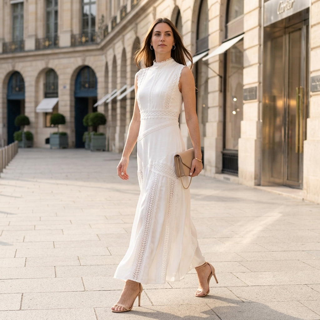 Sunlit Elegance High-Neck Lace Detail Midi Dress