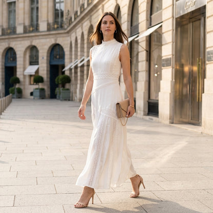 Sunlit Elegance High-Neck Lace Detail Midi Dress