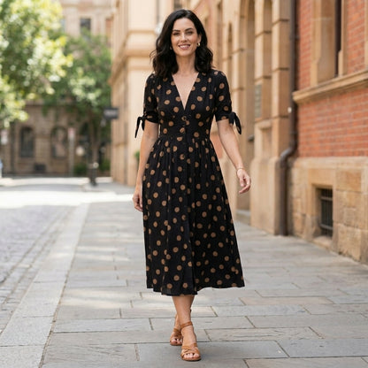Graceful Polka Dot Midi Dress with Button Front Detail