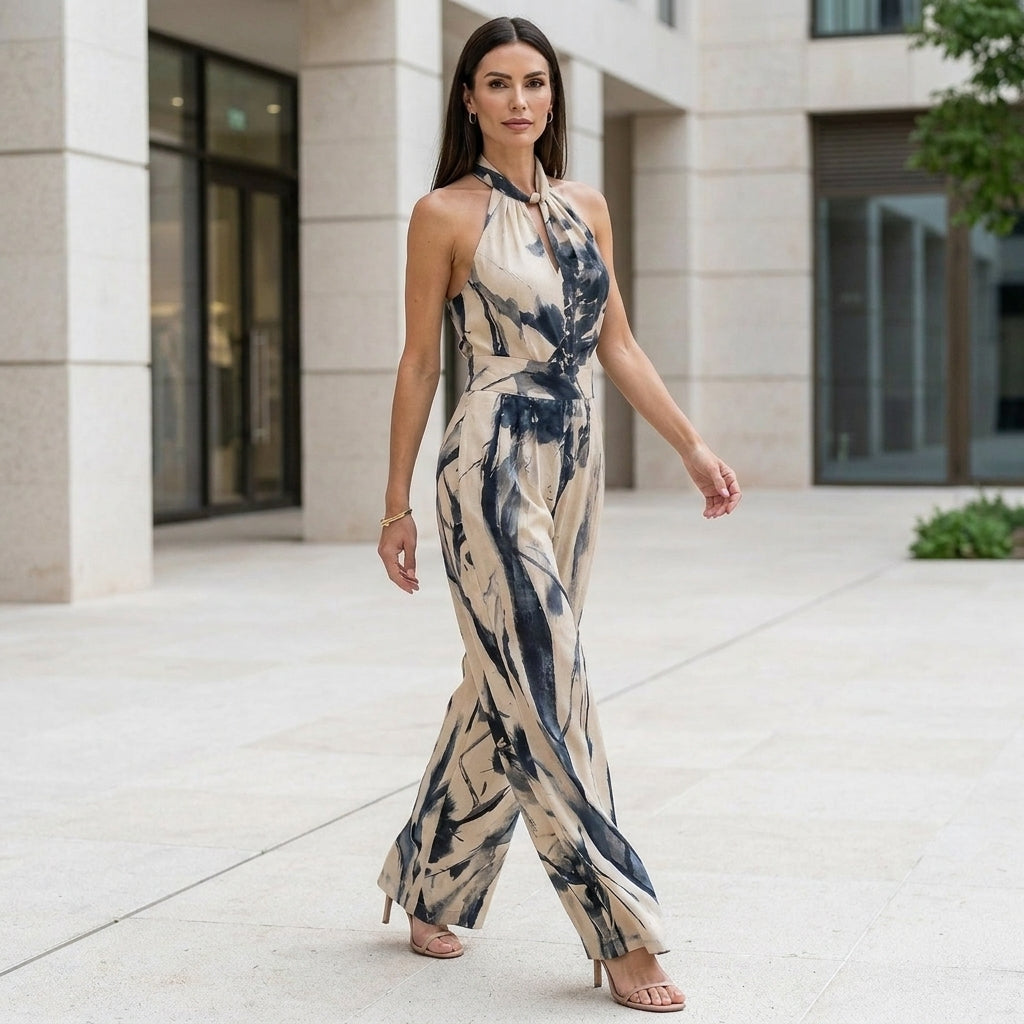 Coastal Bloom Halter Wide-Leg Resort Jumpsuit