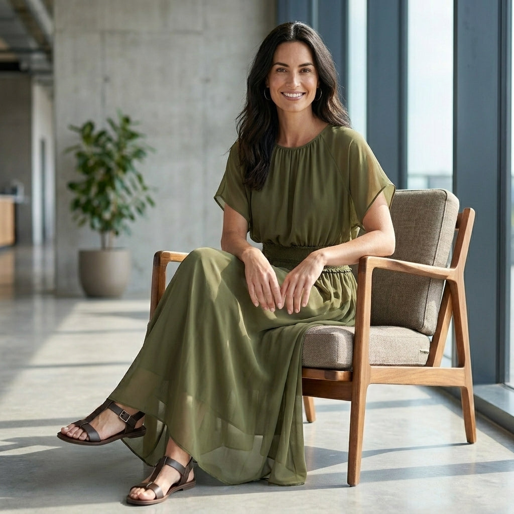 Flowing Smocked Waist Maxi Dress with Draped Sleeves