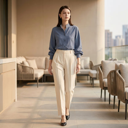 Sophisticated Stand-Collar Shirt with Dramatic Lantern Sleeves