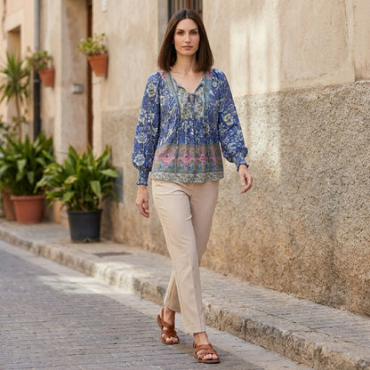 Bohemian Floral Patchwork Peasant Blouse with Tassel Tie Neck