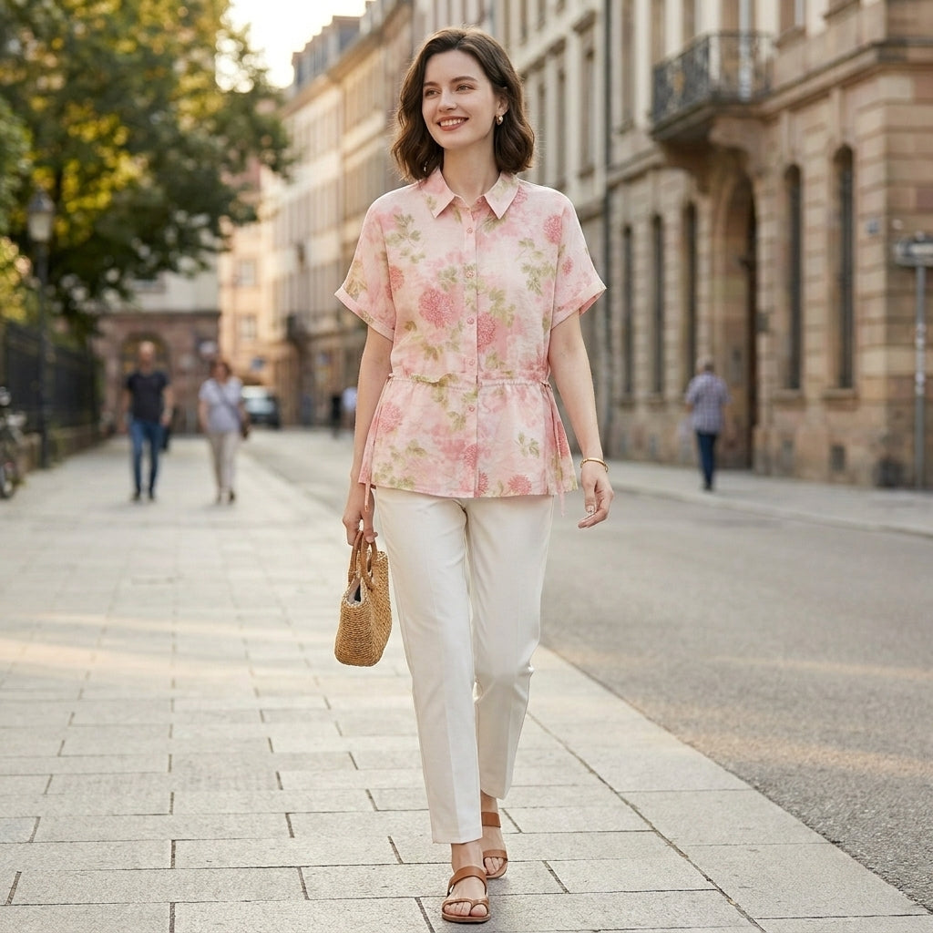 Botanical Floral Button Up Peplum Blouse for Effortless Summer Styling