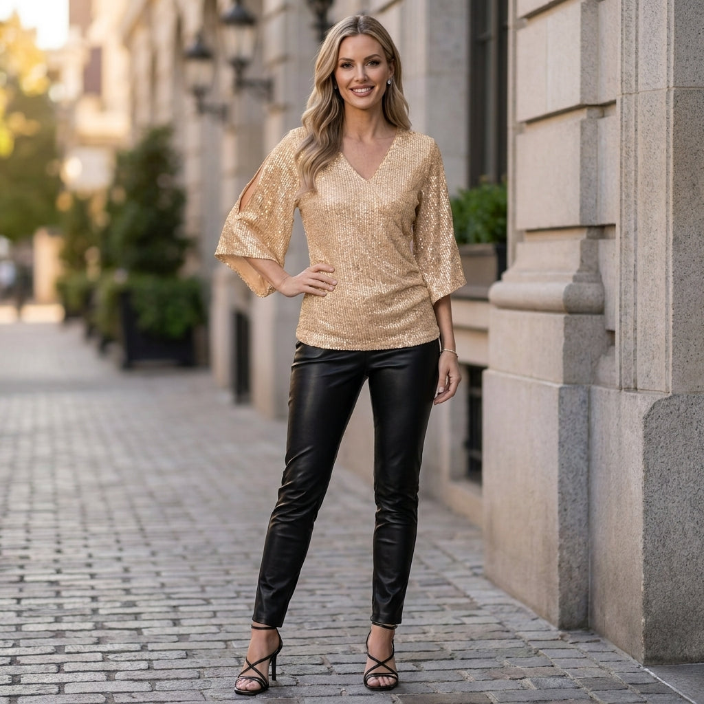 Shimmering Wrap-Style Sequin Blouse with Split Sleeves