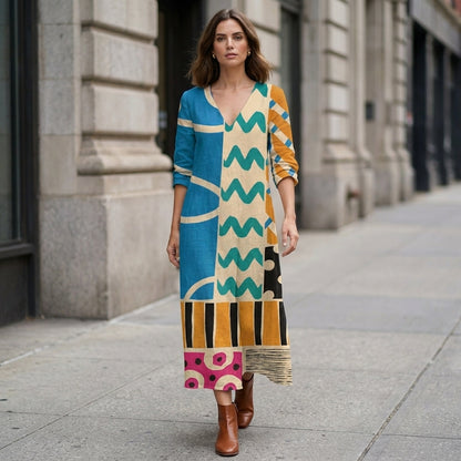 Abstract Patchwork Midi Dress with Artistic Statement Print