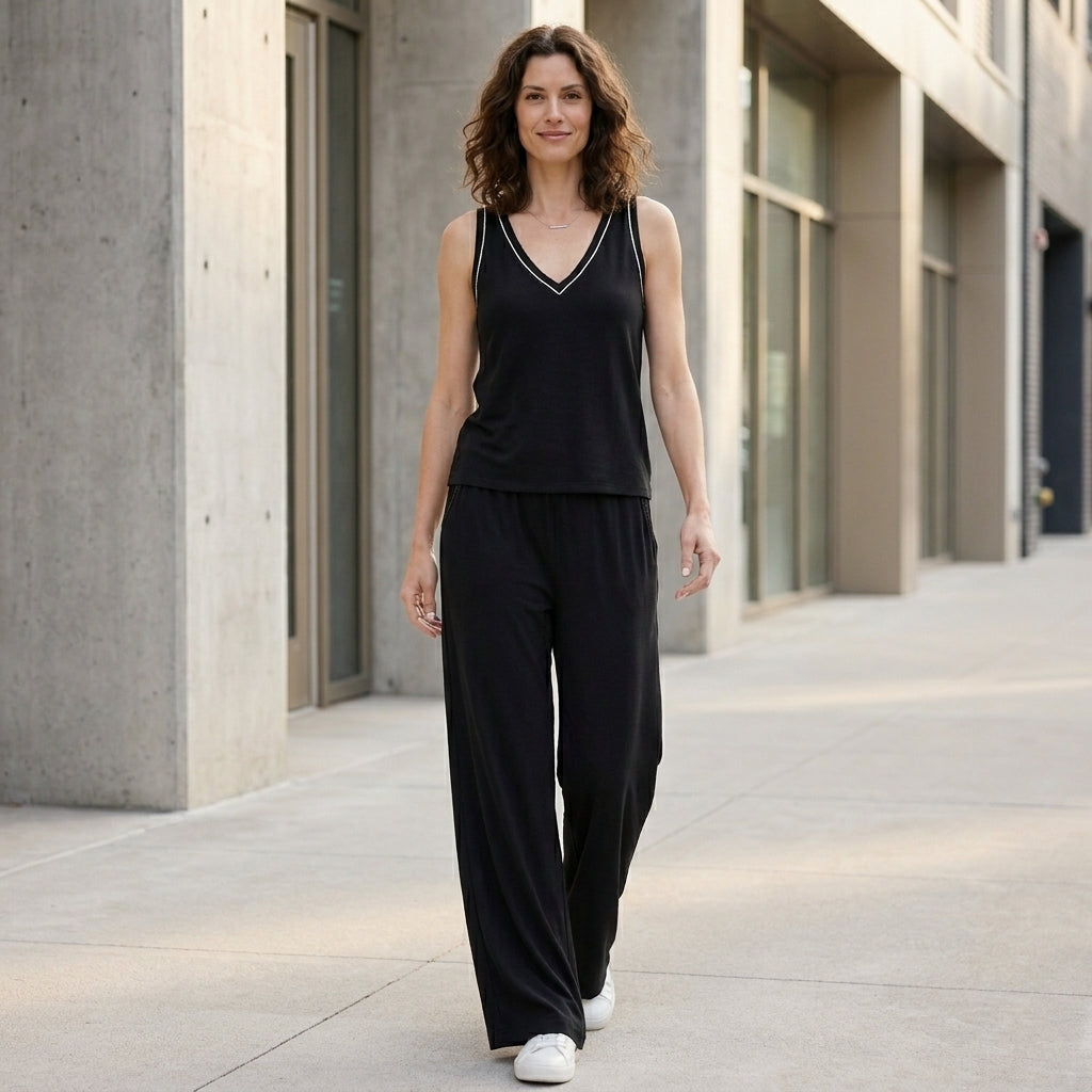 Relaxed V-Neck Sleeveless Lounge Set with Wide-Leg Pants