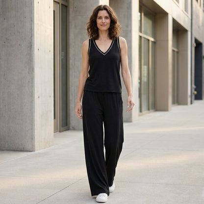 Relaxed V-Neck Sleeveless Lounge Set with Wide-Leg Pants