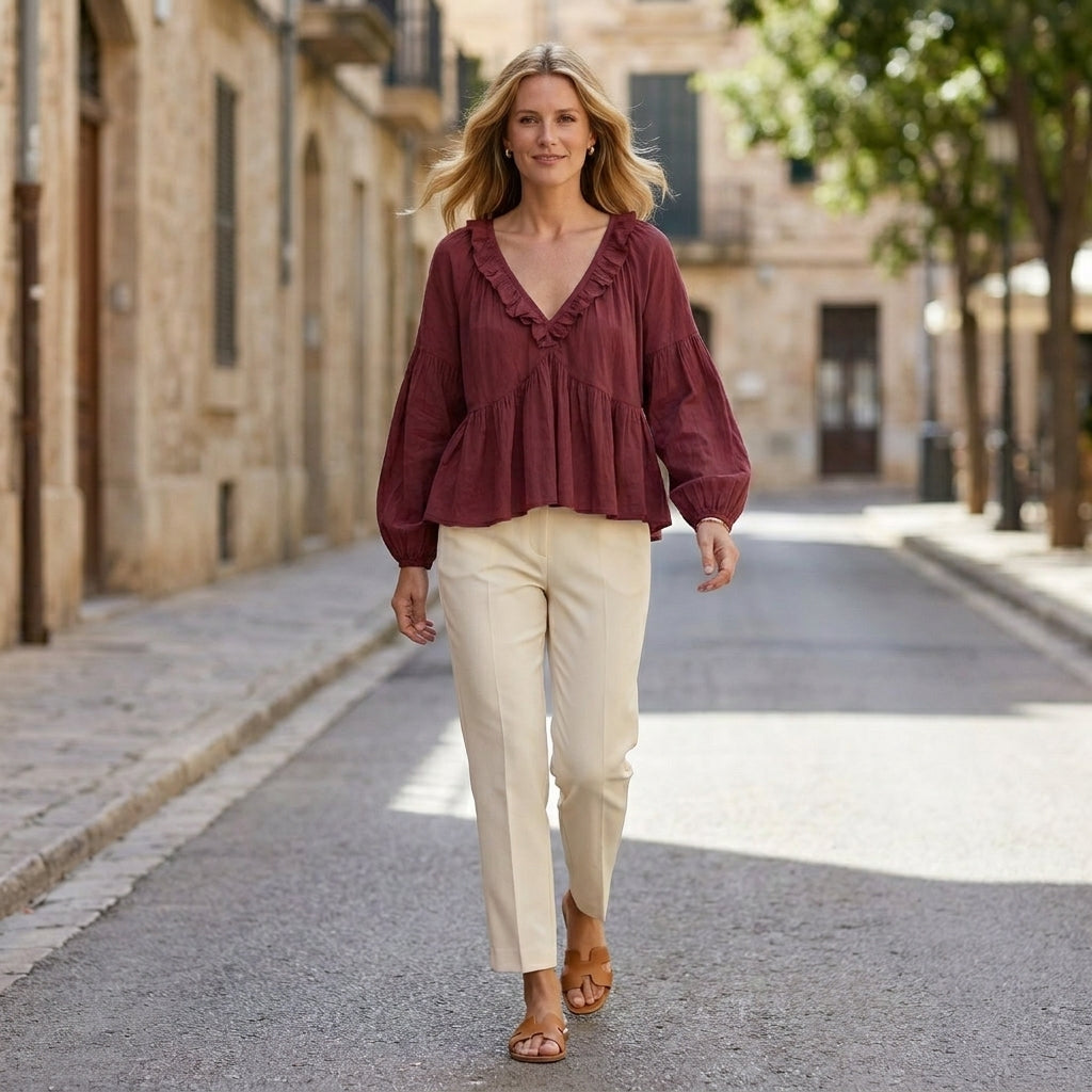 Ruffle Trim V-Neck Peplum Blouse