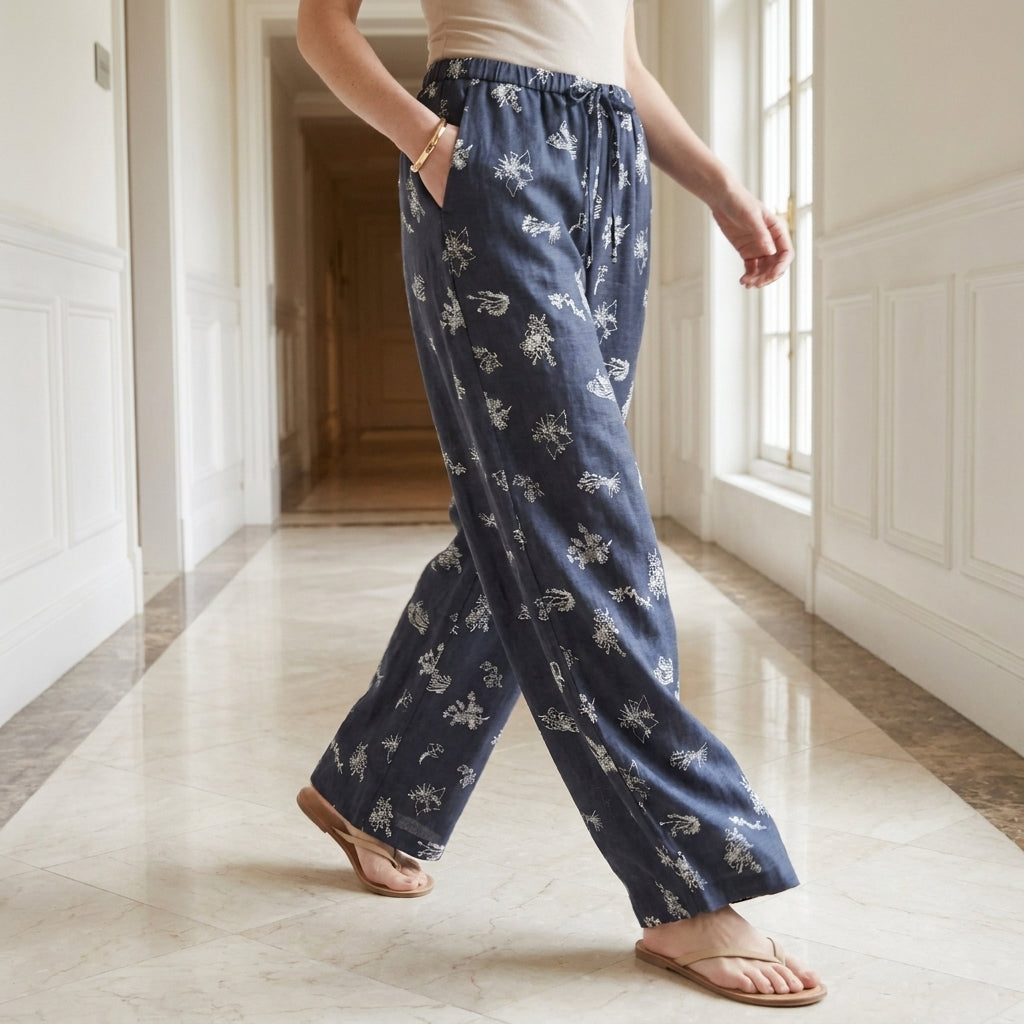 Botanical Print Wide-Leg Lounge Pants with Drawstring Waist