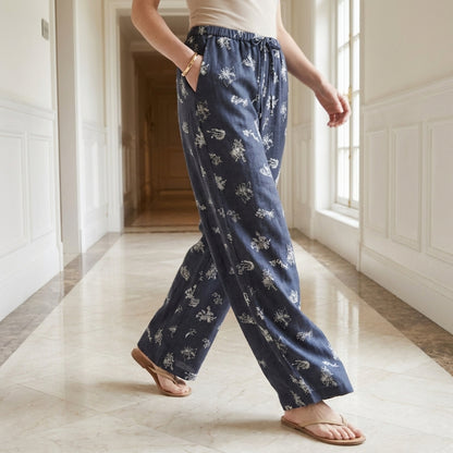 Botanical Print Wide-Leg Lounge Pants with Drawstring Waist