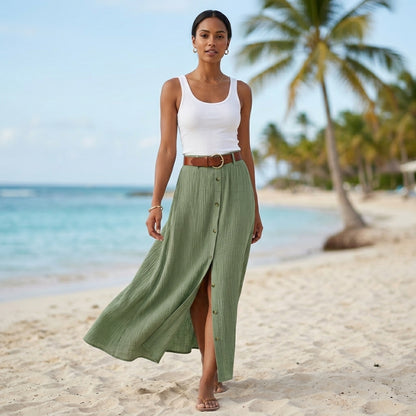 Flowing A-Line Maxi Skirt with Button Front and Slit Detail