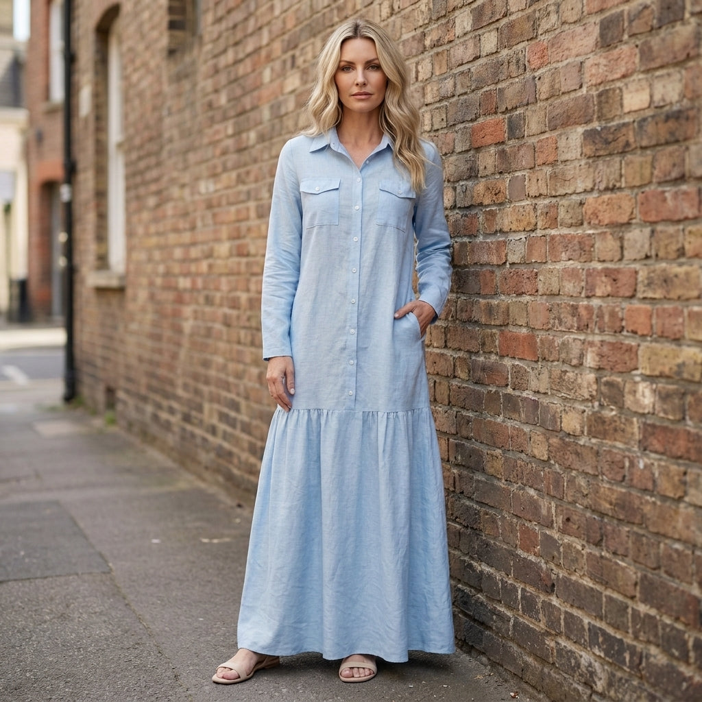 Coastal Breeze Button-Front Flowing Maxi Shirt Dress
