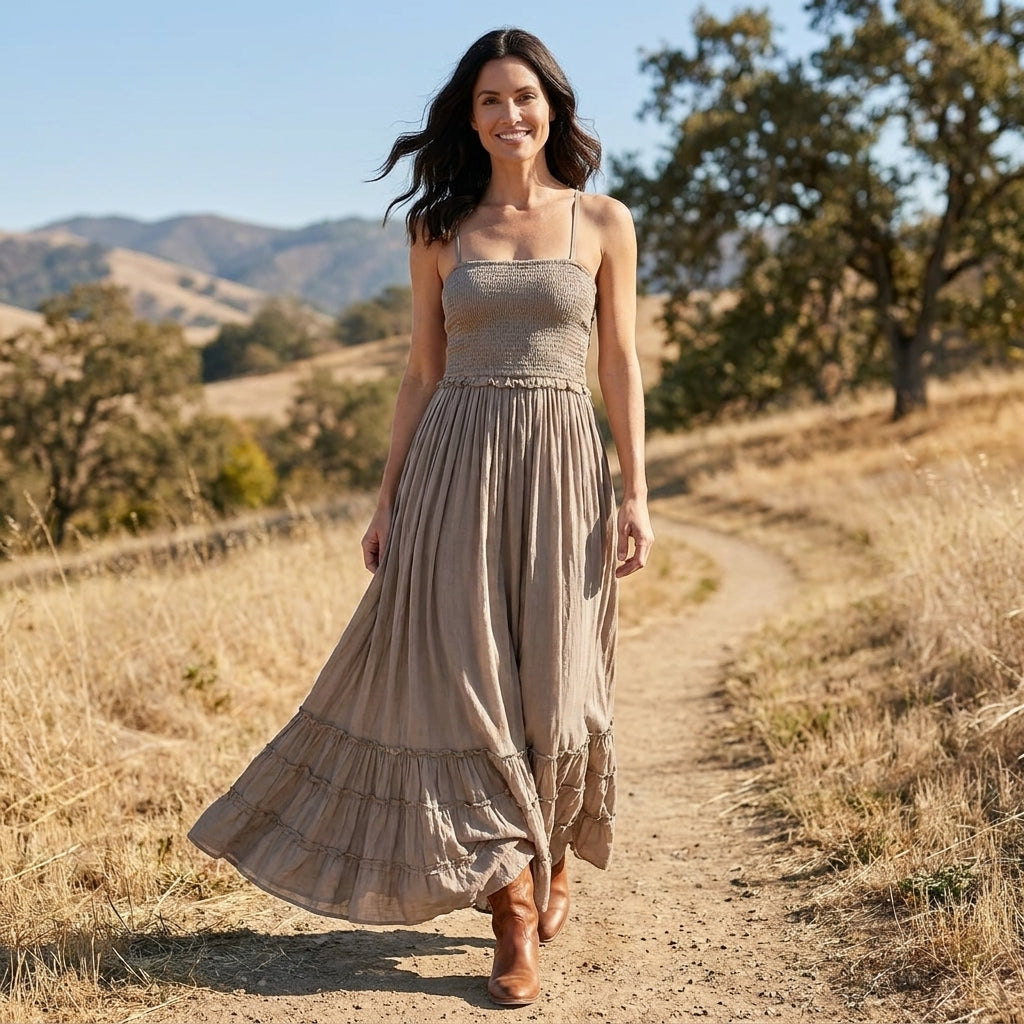 Bohemian Open-Back Smocked Maxi Dress with Ruffle Hem