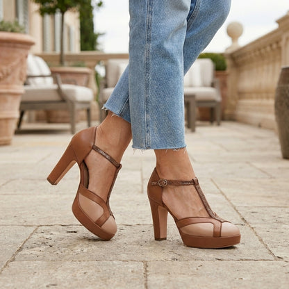 T-Strap Platform Heels with Glitter Embellished Accents