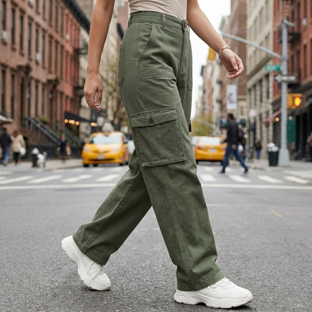High-Waist Cargo Pants with Relaxed Wide-Leg Streetwear Fit