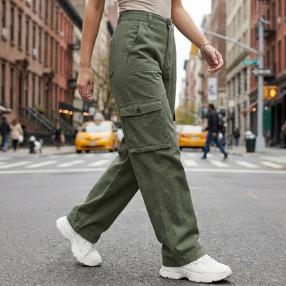 High-Waist Cargo Pants with Relaxed Wide-Leg Streetwear Fit