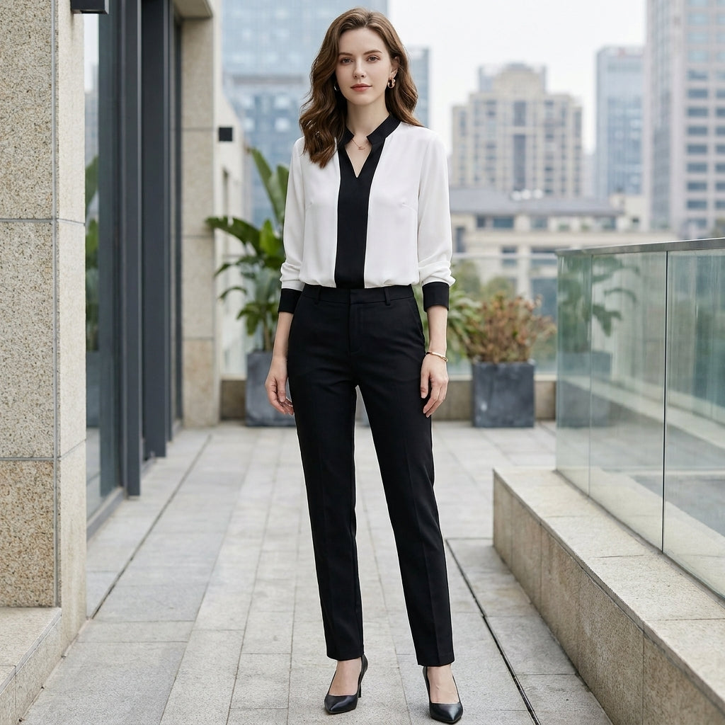 Tailored Color-Block Chiffon Blouse with Stand Collar and V-Neck