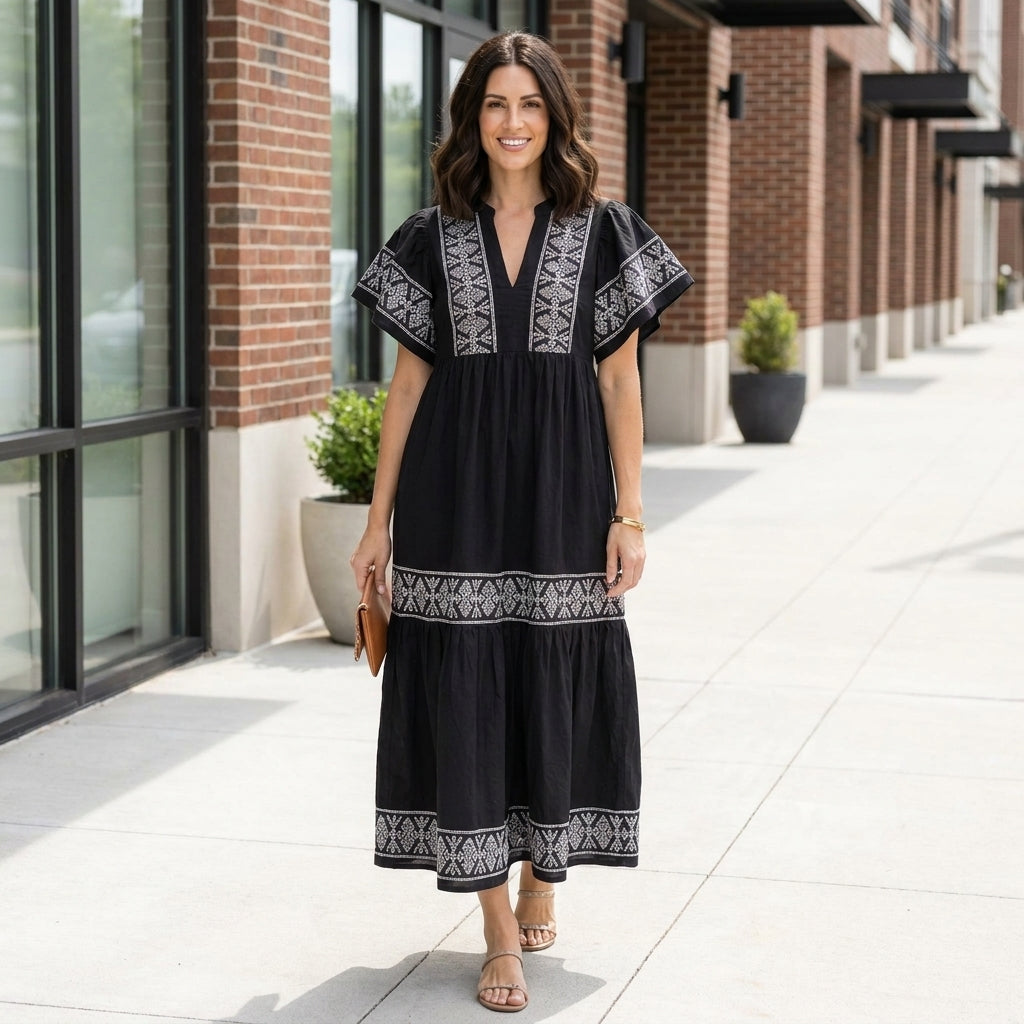 Bohemian Embroidered Tiered Midi Dress with Relaxed Silhouette