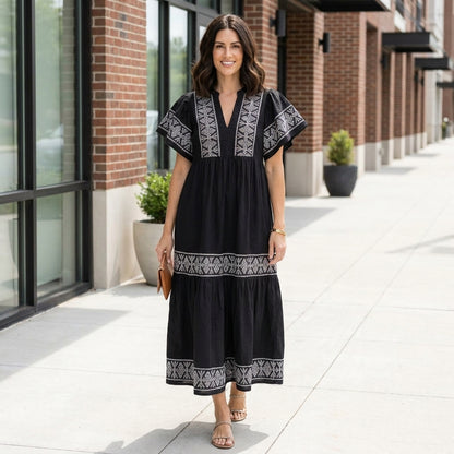 Bohemian Embroidered Tiered Midi Dress with Relaxed Silhouette