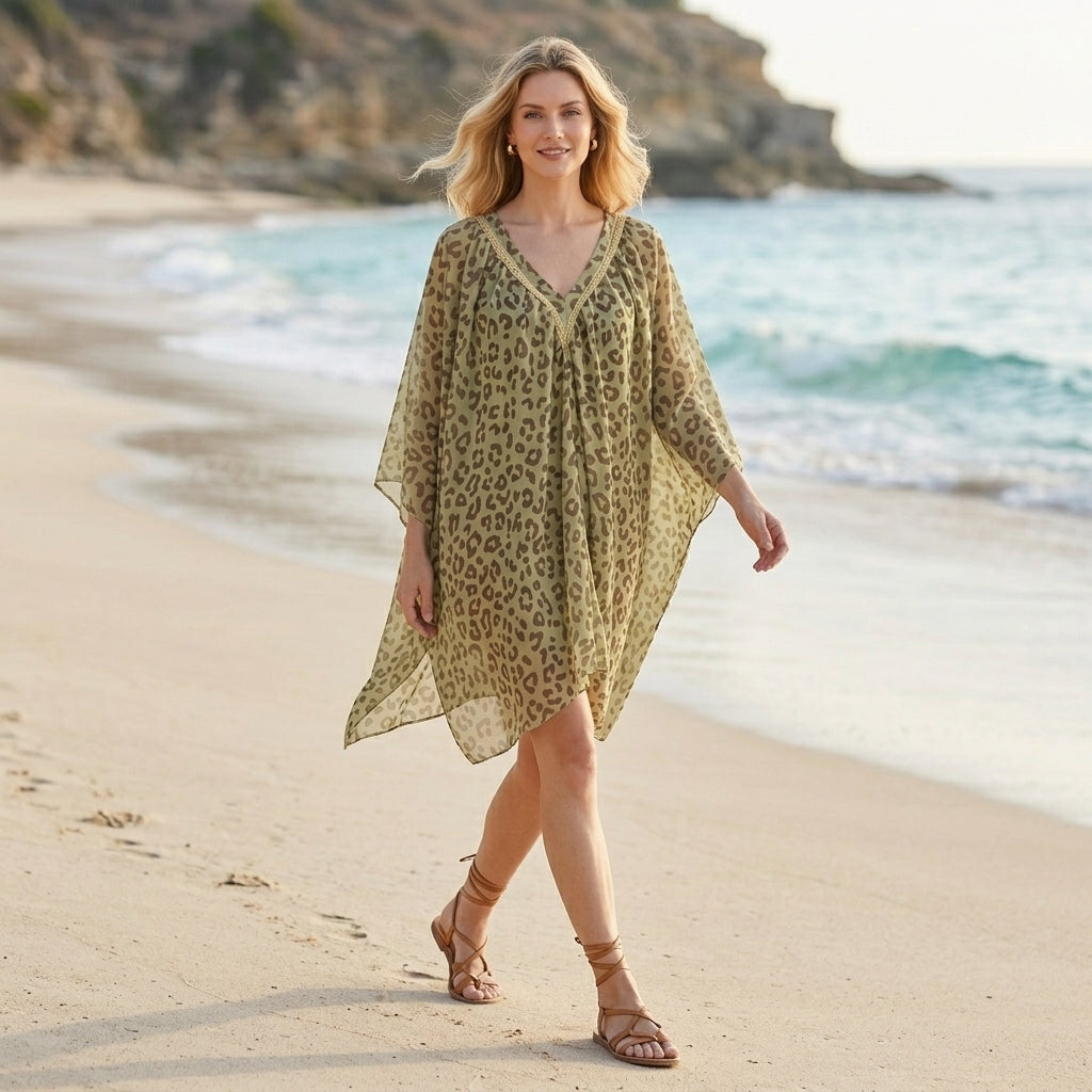 Leopard Print Oversized Kaftan Dress with Embellished V-Neck