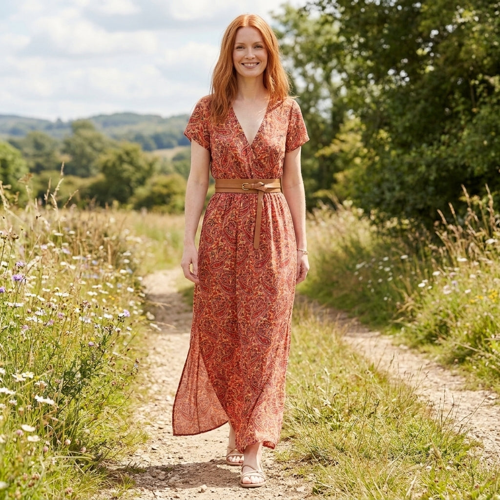 Vintage Paisley V-Neck Maxi Dress