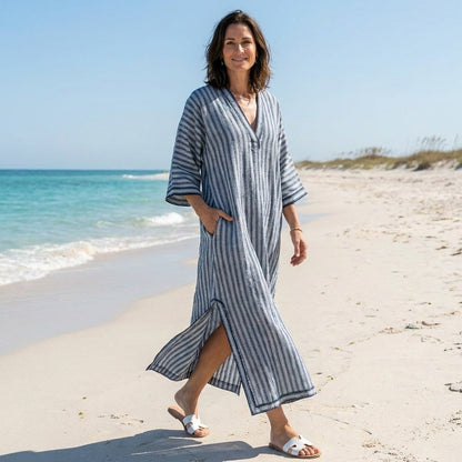 Relaxed Striped Caftan Maxi Dress for Coastal Escapes