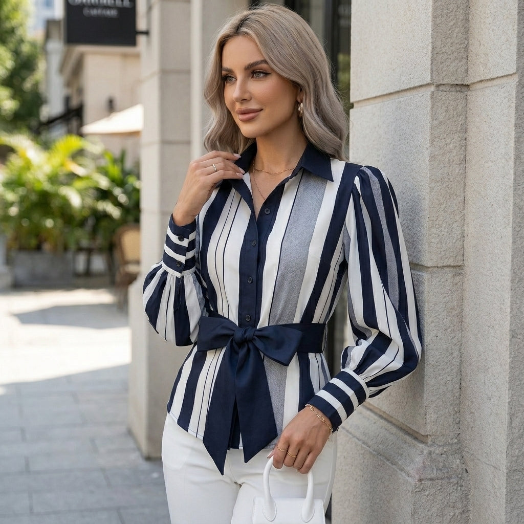 Striped Puff Sleeve Blouse with Elegant Waist Tie Silhouette