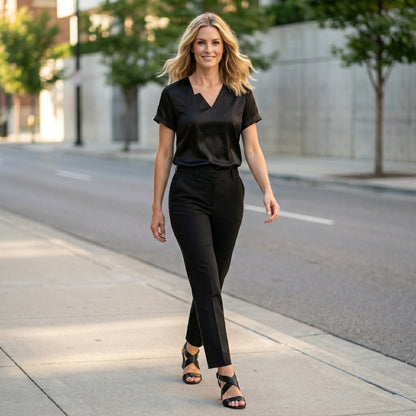 Chic Notched V-Neck Satin Blouse with Short Sleeves