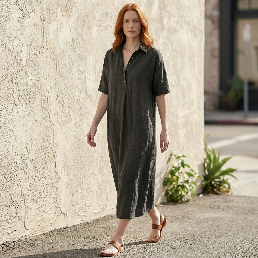 Effortless Collared Midi Dress with Relaxed Silhouette
