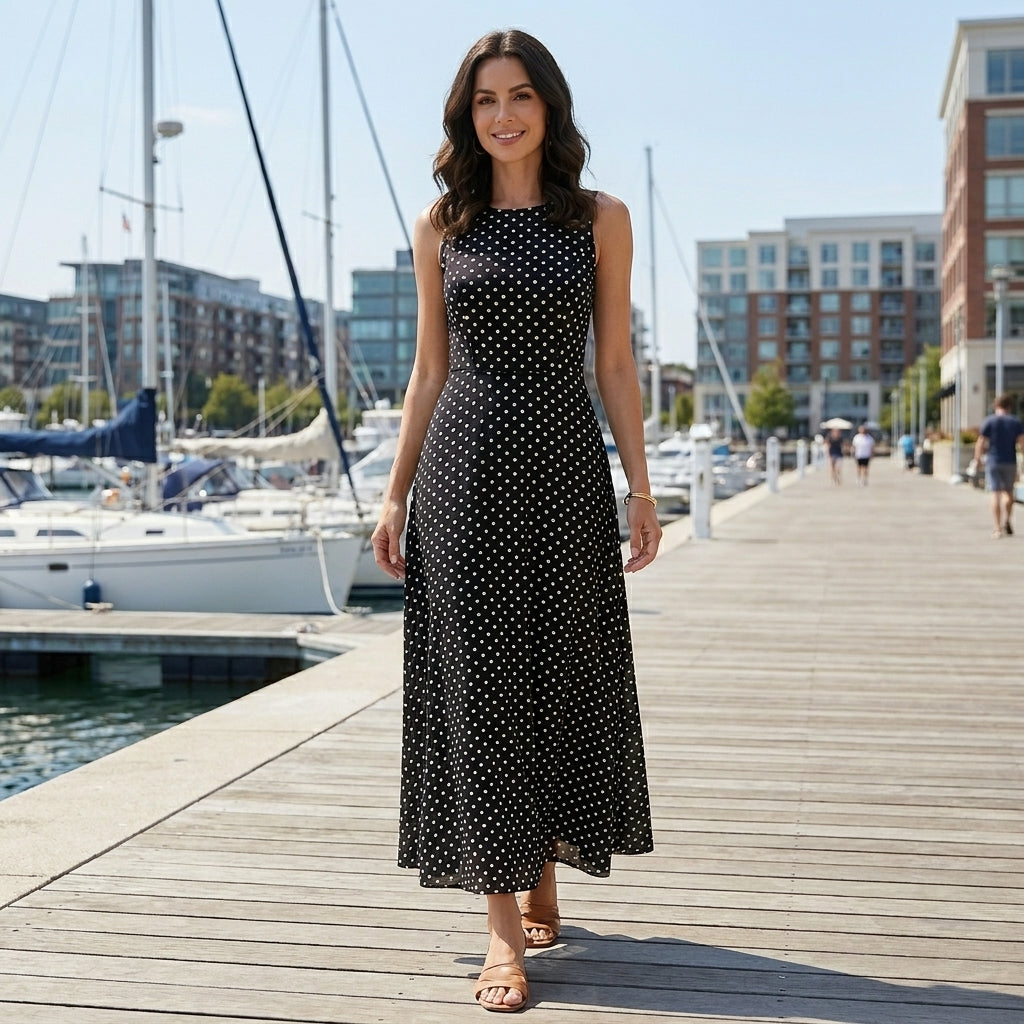 Open Back Polka Dot Maxi Dress with Tie Detail