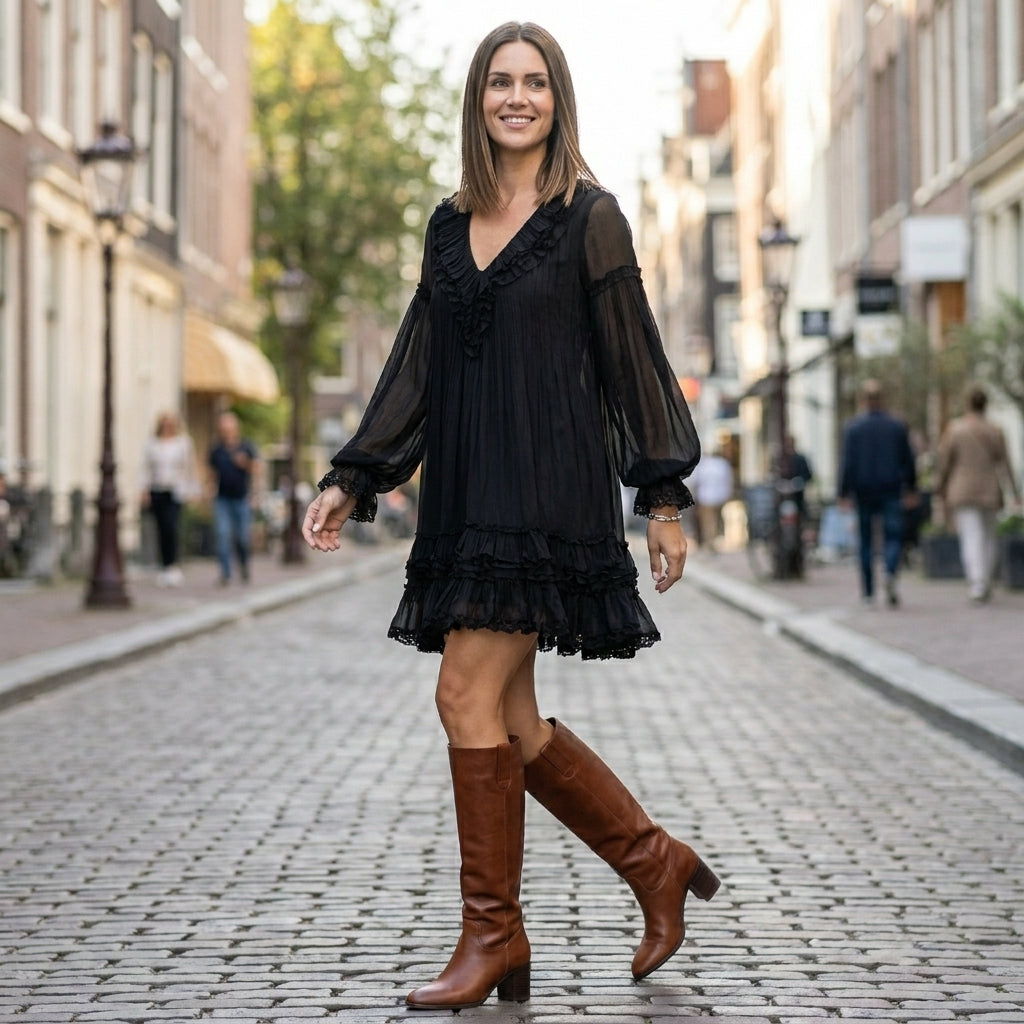 Flowing V-Neck Ruffle Mini Dress with Billowy Balloon Sleeves