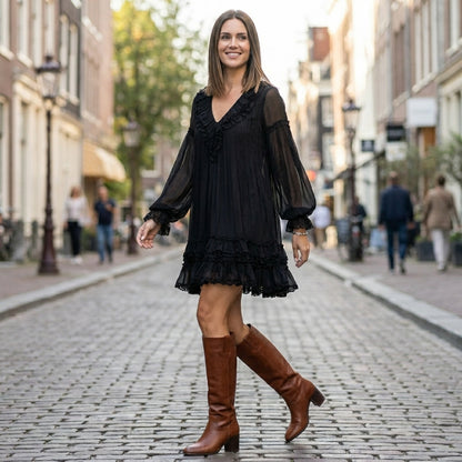 Flowing V-Neck Ruffle Mini Dress with Billowy Balloon Sleeves