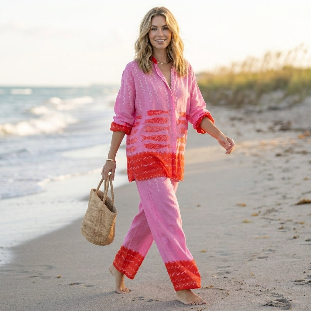 Relaxed Two-Piece Set with Graphic Nautical and Geometric Motifs