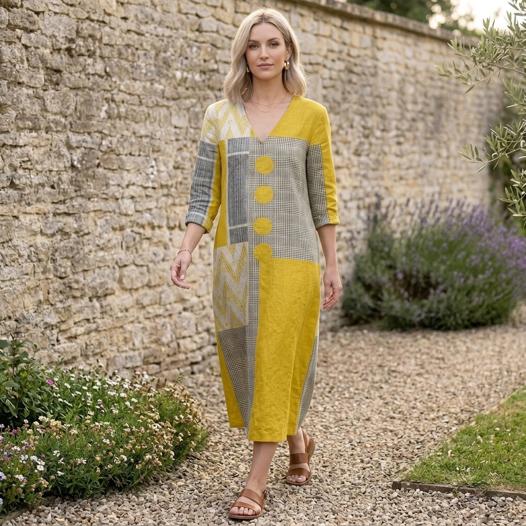 Patchwork Print Midi Dress with Statement Button Detail