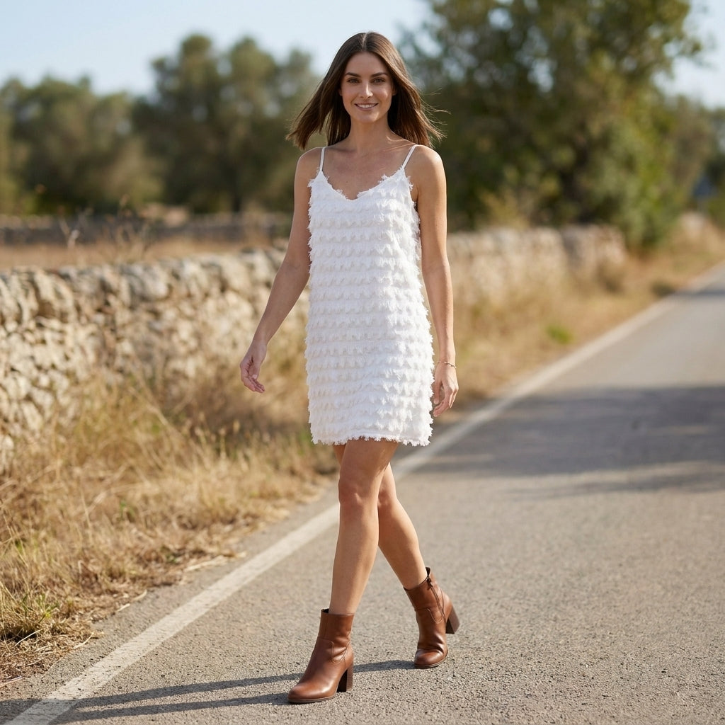 Textured Fringe Slip Mini Dress with Deep V Back