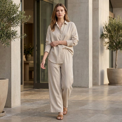 Relaxed Two-Piece Woven Shirt and Wide-Leg Trousers Set
