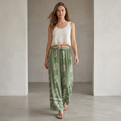 Flowing Wide-Leg Floral & Geometric Patterned Ankle-Length Pants