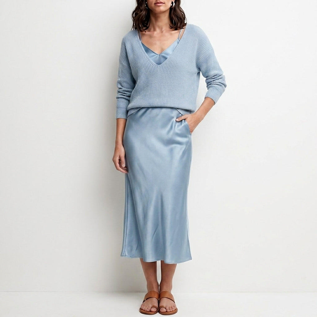 Relaxed V-Neck Knit Top and Satin Maxi Skirt Set