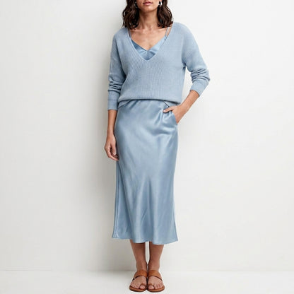 Relaxed V-Neck Knit Top and Satin Maxi Skirt Set