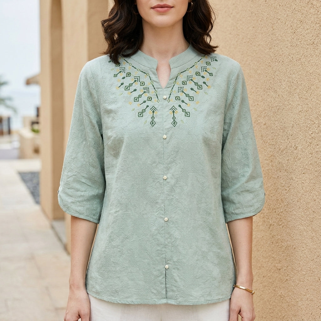 Embroidered Notch Neck Relaxed Everyday Blouse