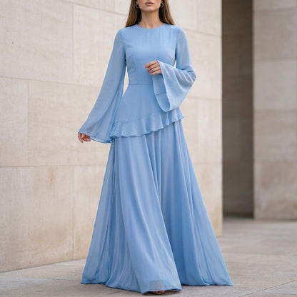 Elegant Gala Maxi Dress with Flared Bell Sleeves and Ruffled Tier