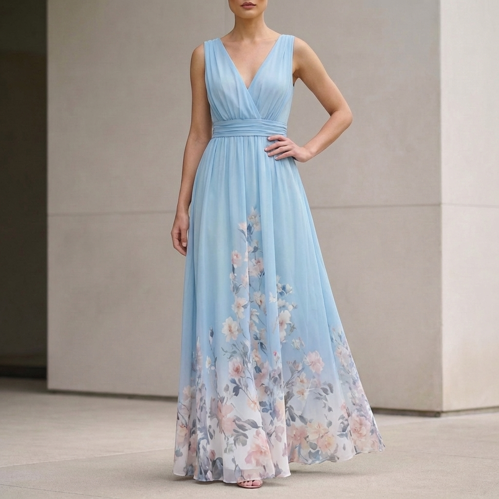 Elegant Flowing Chiffon Maxi Gown with Draped V-Neck and Floral Detail