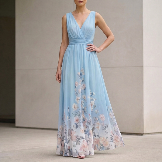 Elegant Flowing Chiffon Maxi Gown with Draped V-Neck and Floral Detail