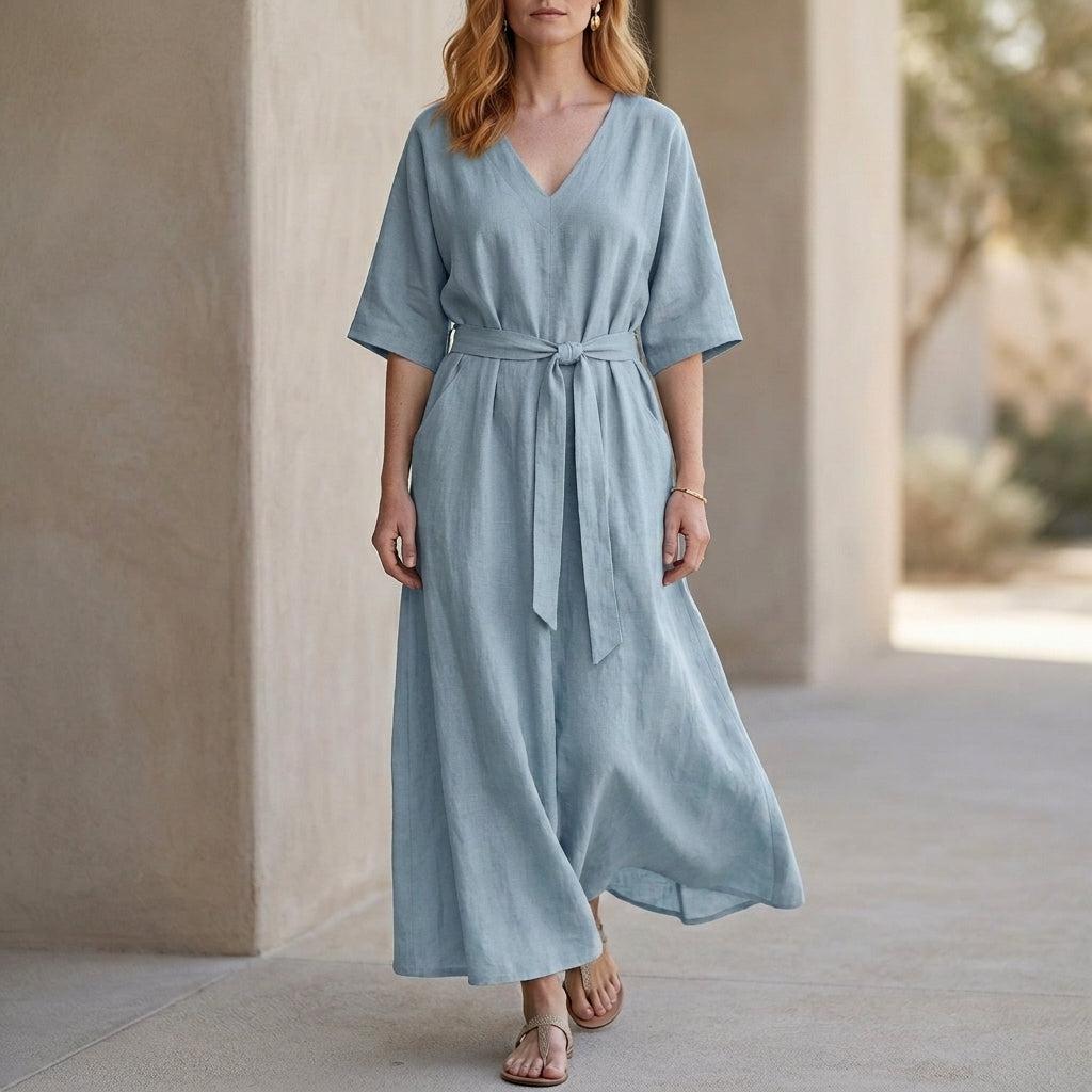 Graceful Belted Maxi Dress with Relaxed V-Neck Silhouette