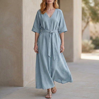 Graceful Belted Maxi Dress with Relaxed V-Neck Silhouette